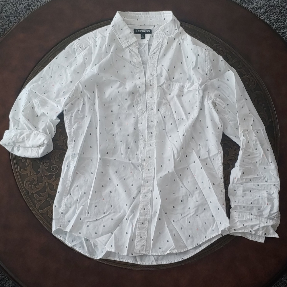 White button down with navy and orange anchors